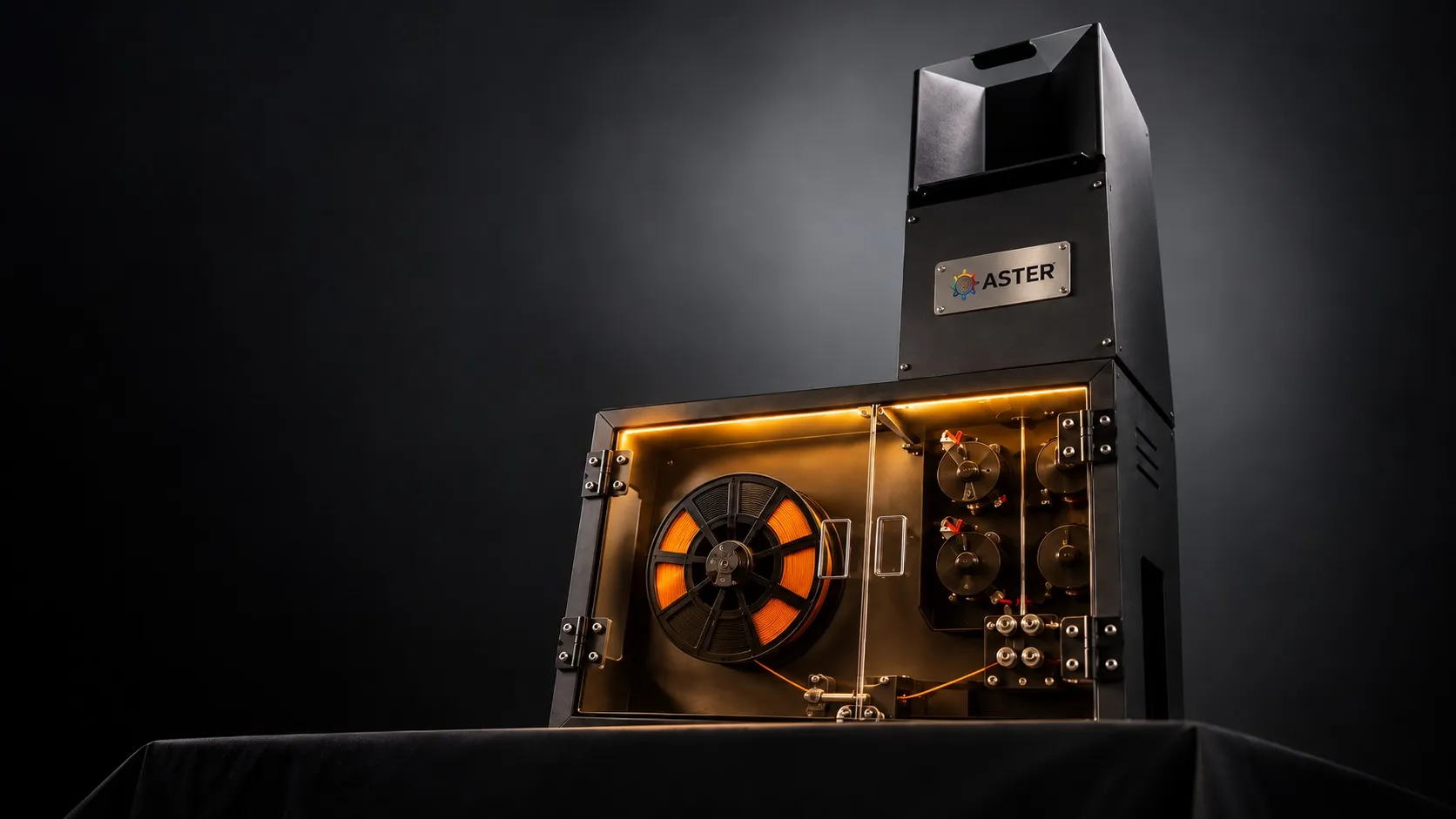 ASTER-C filament extruder: a black steel cabinet with a tall hopper tower and a filament spool visible through the open front