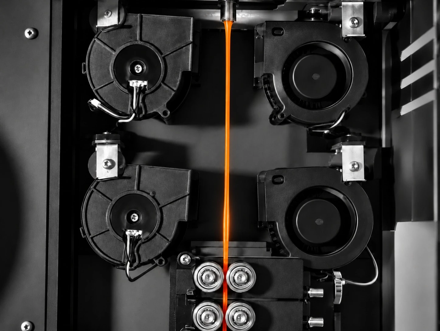 Orange filament strand leaving the die between cooling blowers